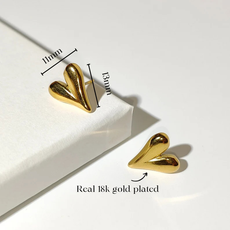 Solid Gold Heart Stud Earrings Real 18k Gold Plated Solid Heart Stud Earrings, Stainless Steel St... | Etsy (UK)