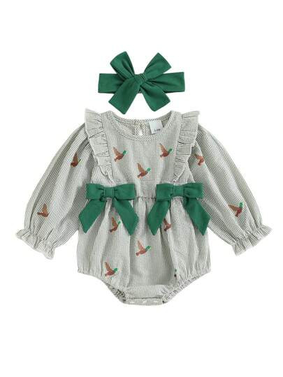 Toddler Baby Girl Fall Clothes Mallard Duck Smocked Bubble Romper Bodysuit Newborn Infant Toddler Hunting Outfit | SHEIN