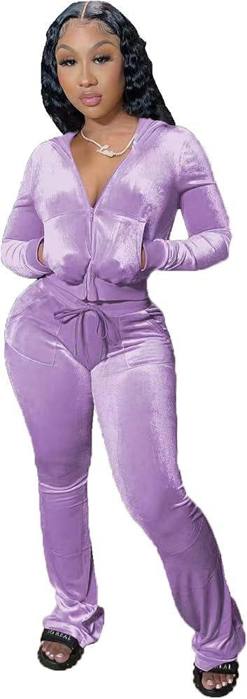 yidengymx Womens 2 Piece Velour Tracksuit Two Piece Outfits for Women Long Sleeve Zip Up Crop Top... | Amazon (US)