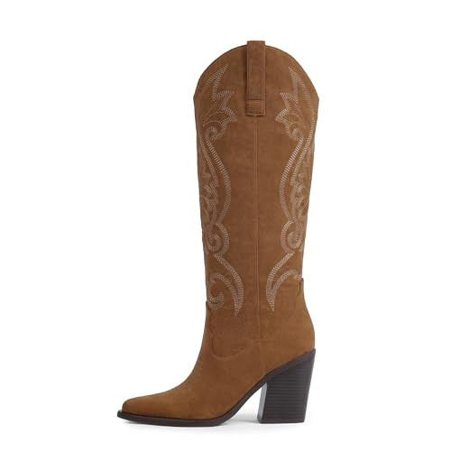 Modatope Cowboy Cowgirl Boots for Women Suede Brown Knee High Tall Western Boots Chunky Heel Almond Pointed Toe Cowgirl Boots Women Size 9.5 | Amazon (US)