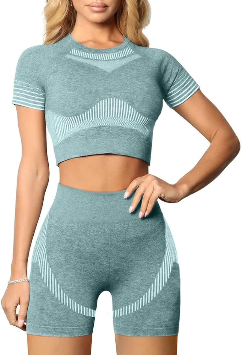 HYZ Women 2 Piece Workout Outfits Sports Crop Top Seamless Shorts Yoga Gym Activewear Sets | Amazon (US)