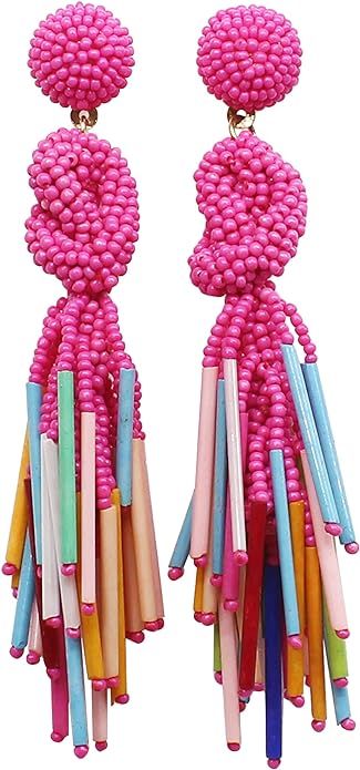 Handmade Beaded Solid Color Post Statement Earrings for Women Girl All Season 4 inch Long | Amazon (US)