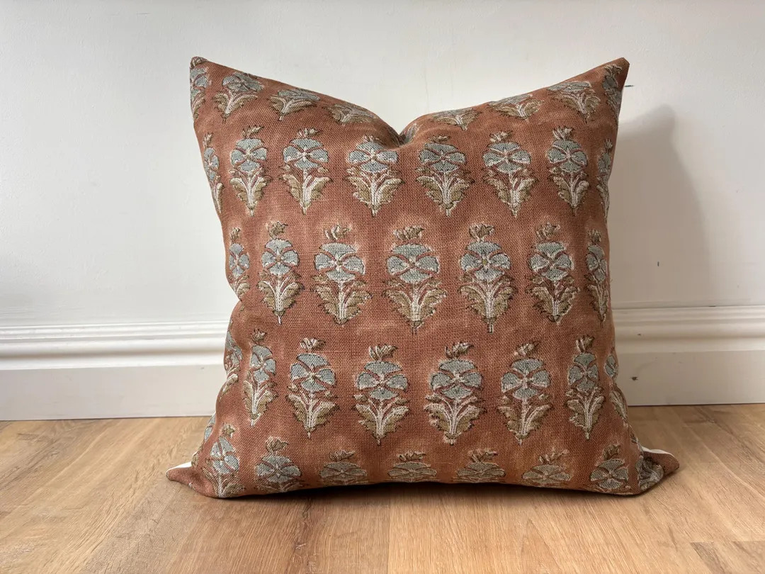 Authentic Boho Floral Indian Hand Block Stamped Linen Print Pillow Cover Blue Amber Brown Natural... | Etsy (US)