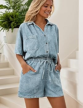 Zilcremo Womens 2 Piece Outfits Summer Denim Sets Short Sleeve Button Down Crop Jean Shirts High ... | Amazon (US)