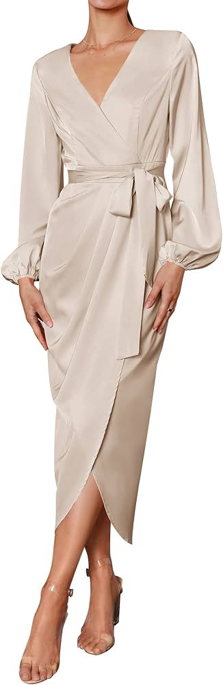 ZESICA Women's Satin V Neck Bodycon Dress Long Sleeve Ruched Tie Waist Wrap Split Cocktail Party ... | Amazon (US)