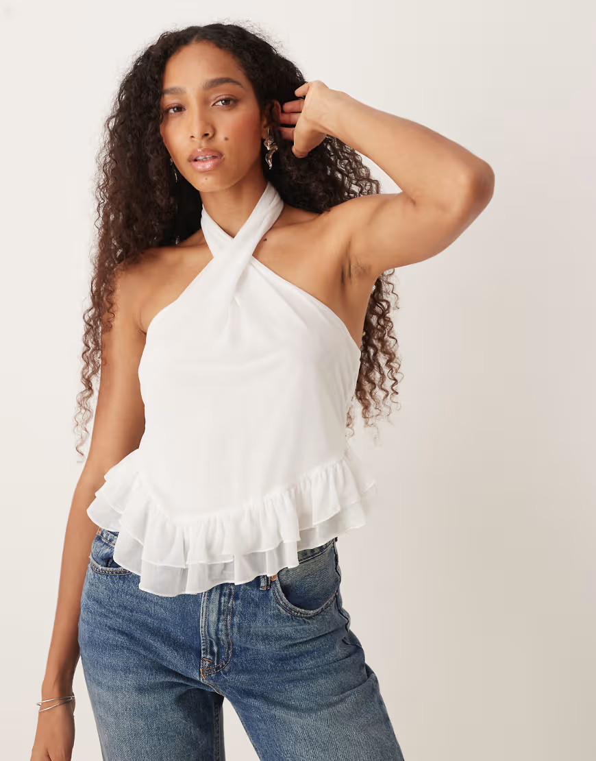 ASOS DESIGN twist halter neck ruffle top in ivory-White | ASOS (Global)