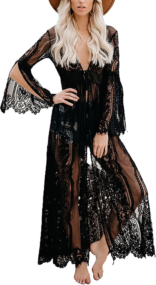 Bsubseach Black Lace Beach Cover Ups for Women See Through Bikini Kimono | Amazon (US)