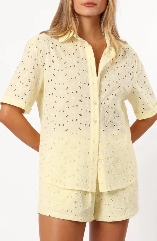 Petal & Pup Dazie Eyelet Short Sleeve Button-Up Shirt in Lemon at Nordstrom, Size Small | Nordstrom