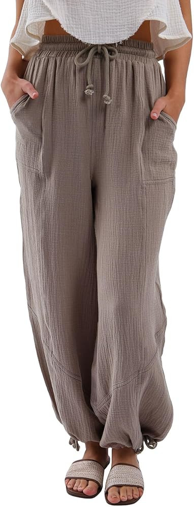 Amazhiyu Women's Cotton Gauze Cargo Joggers Summer Casual Drawstring Flowy Pants | Amazon (US)