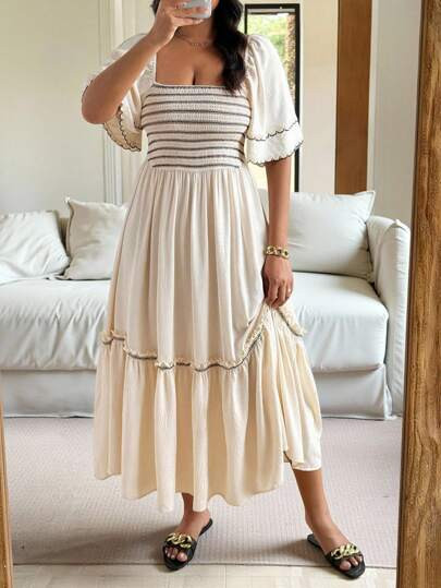 Vionelle Plus Size Square Neck Boho Beach Vacation Black Contrast Embroidery Ruffle Hem Dress | S... | SHEIN