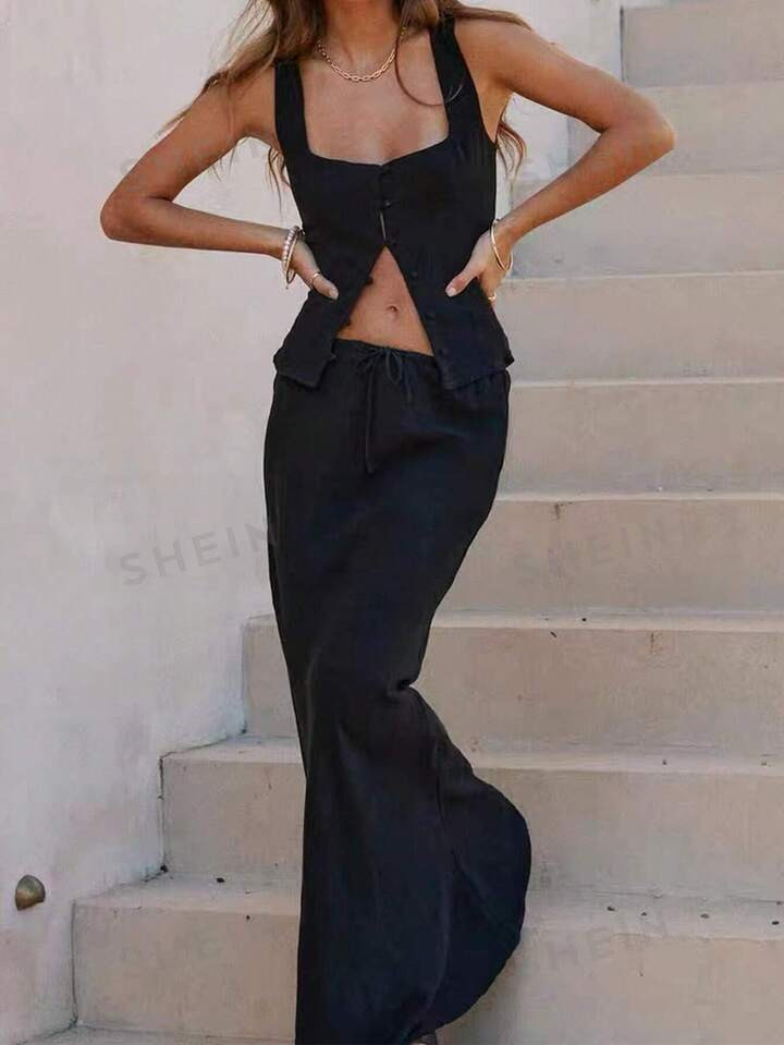 SHEIN MOD Summer Fashion Solid Color Front Button Vest With Mermaid Hem Skirt | SHEIN USA | SHEIN