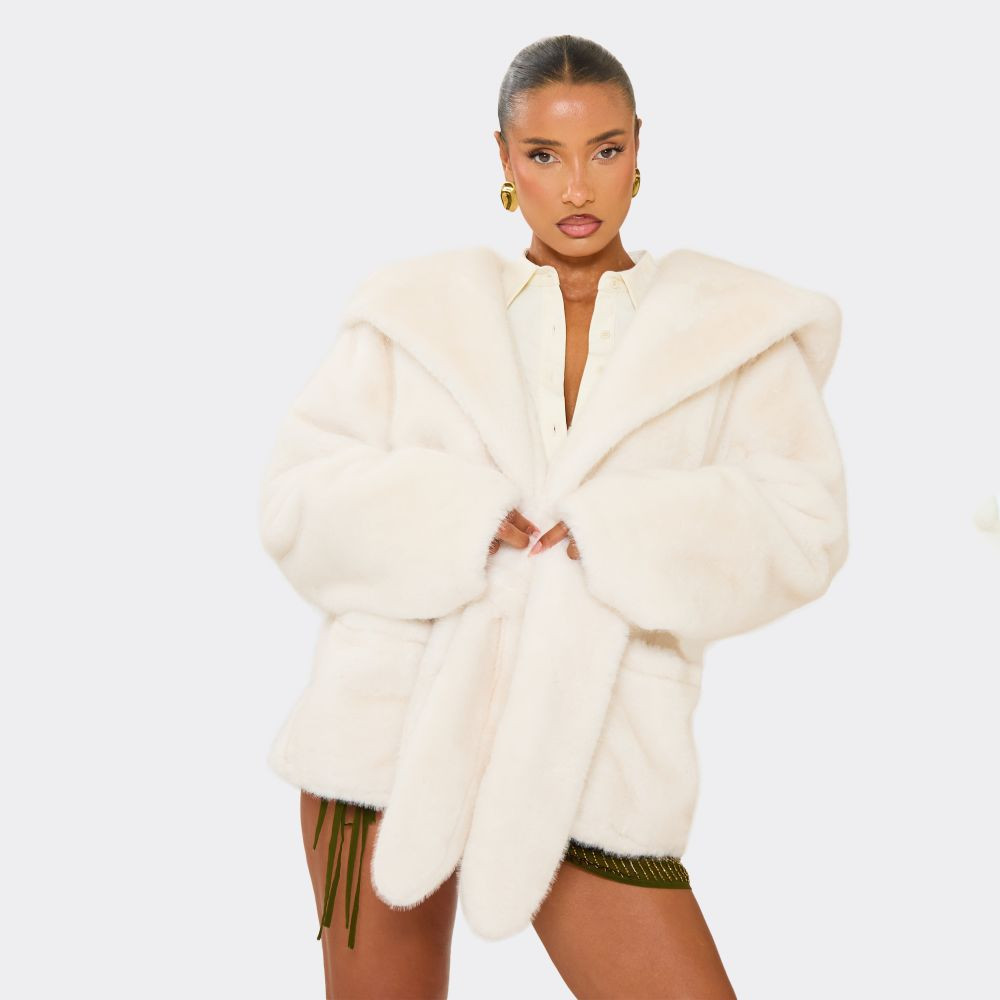Oversized Hooded Tie Belted Waist Coat In Cream Fur | EGO (UK)