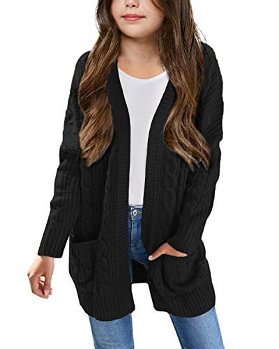 Arshiner Little Girls Cardigan Open Front Knit Solide Cotton Sweater Casual Long Sleeve Drop Shoulder Outwear Clothes Black | Amazon (US)