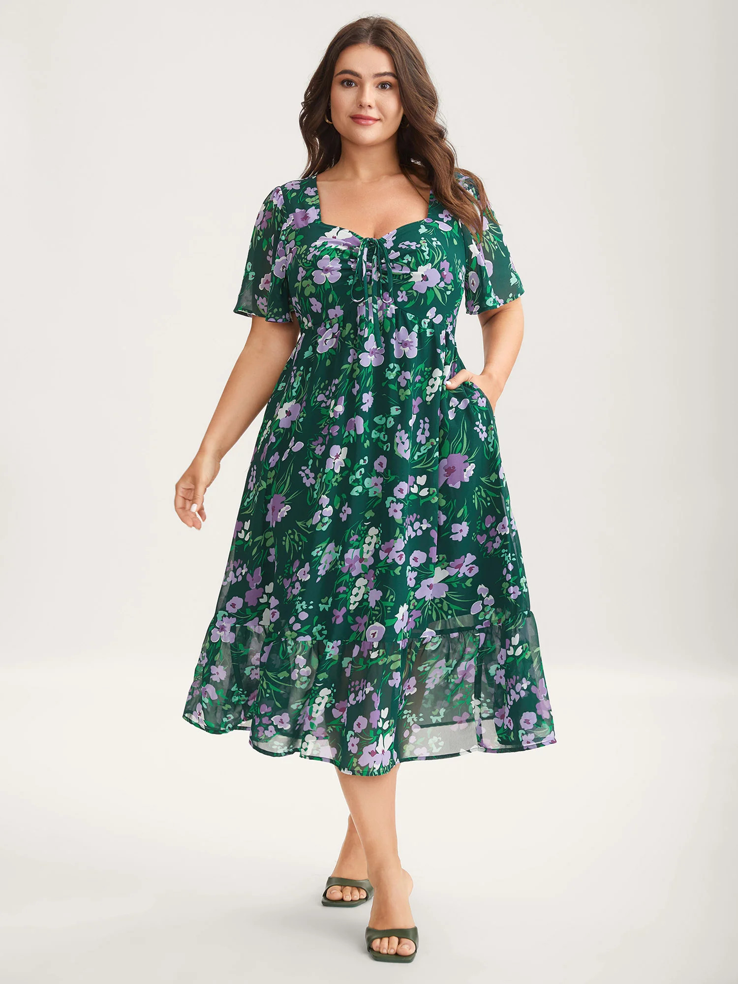 Floral Chiffon Ruched Drawstring Midi Dress | Bloomchic