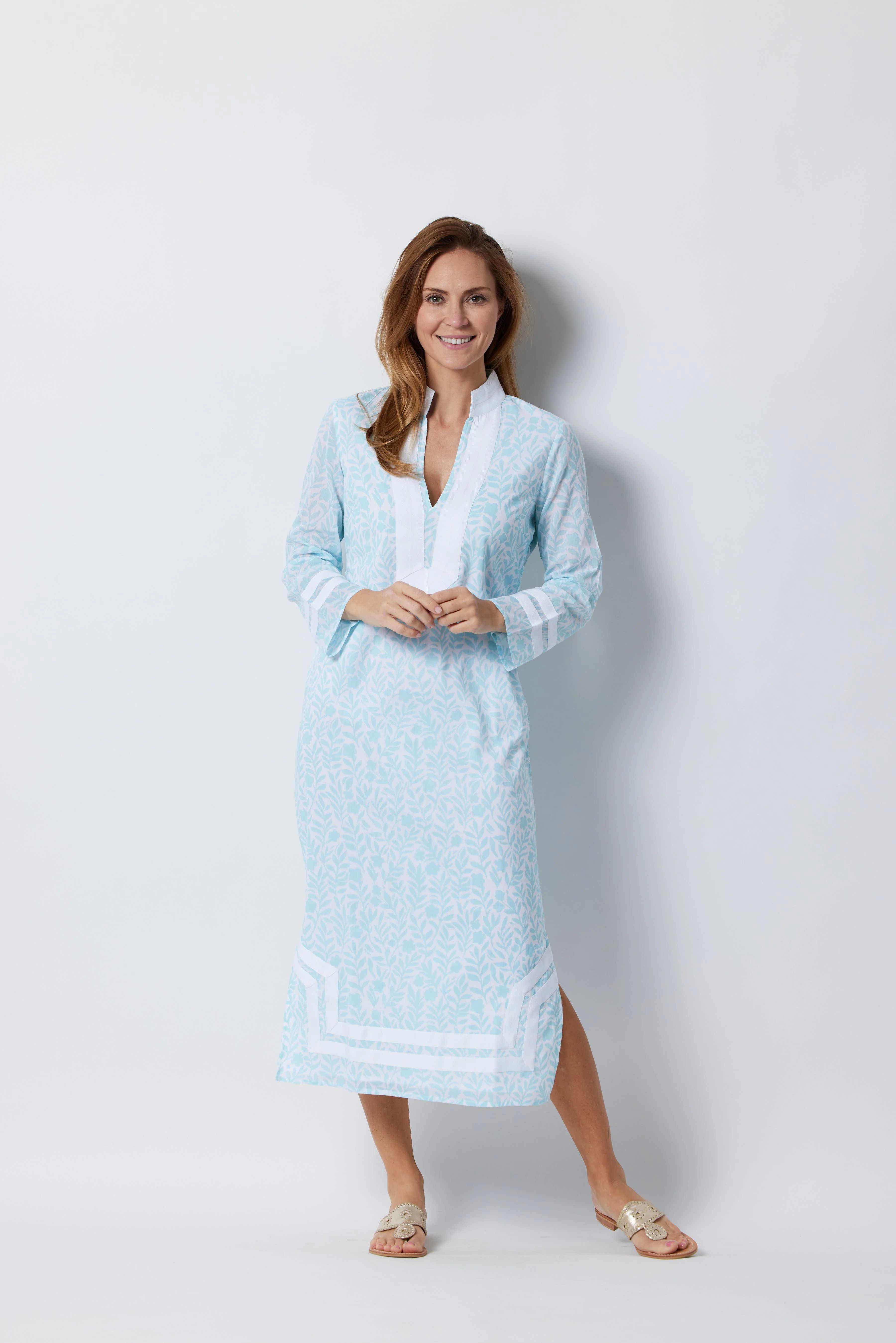 Flowering Vine Print Long Sleeve Classic Maxi Tunic | Sail to Sable