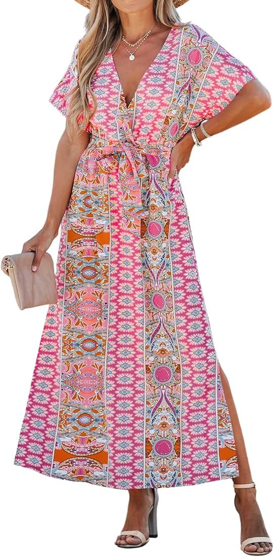 CUPSHE Women's Floral Paisley Print Belted Maxi Dress Short Sleeves Scoop V-Neckline Long Lenght ... | Amazon (US)