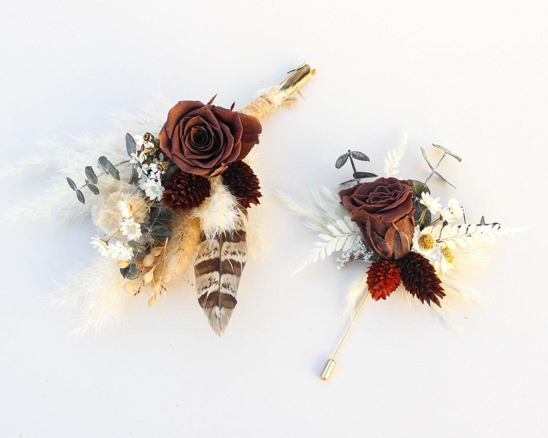 Bohemian Dried Flowers Groom and Groomsmen Boutonniere / Brooch / Pin on Corsage Set, Pheasant Fe... | Etsy (Global)