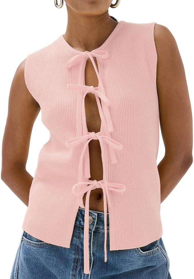 Women Knit Tank Tops Bow Tie Front Hollow Sleeveless Solid Color Vest Top Summer Slim Fit Y2k Goi... | Amazon (US)
