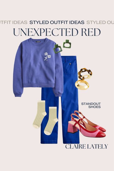 How to style the unexpected red theory - with footwear. Pair with blue sailor pants, spring new arrival flower sweatshirt, tailored union socks, cuff and chain bracelets, and fun green earrings. 
See all 6 ideas in my Styled Looks Collection on the LTK APP. 
❤️ Claire Lately 

#LTKSeasonal #LTKstyletip #LTKworkwear