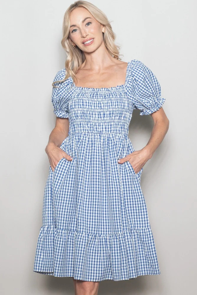 Blue Gingham Smocked Puff Sleeve Dress | PinkBlush Maternity