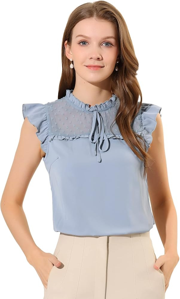 Allegra K Women's Chiffon Tops Ruffle Stand Collar Tie Front Cap Sleeve Summer Blouses | Amazon (US)