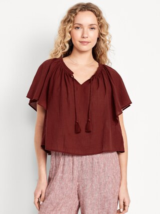 Crinkle Gauze Tassel-Tie Shirred Top | Old Navy (US)