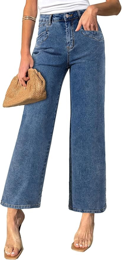 Sidefeel Women's Wide Leg Jeans High Waisted Stretchy Jeans Straight Leg Zimbaplatinum Ankle Deni... | Amazon (US)