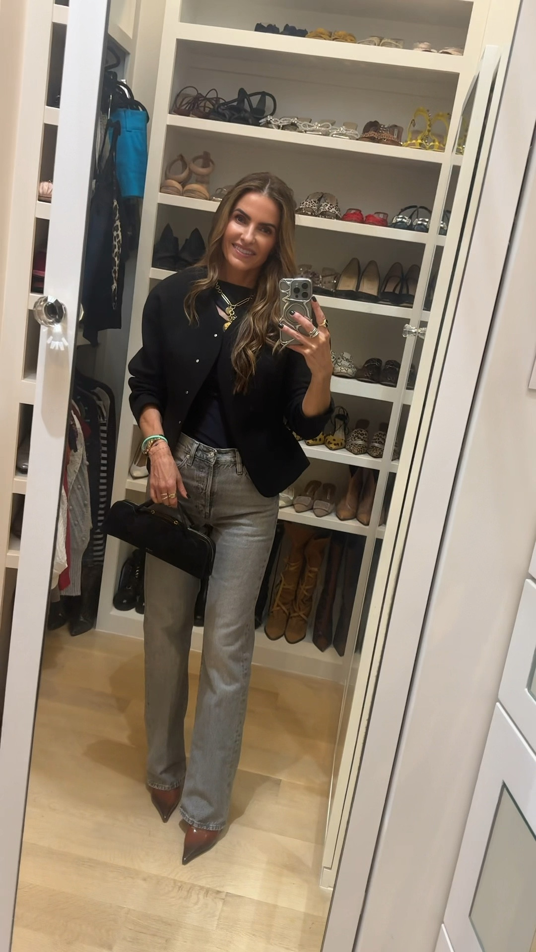 off to gno celebrating sweet friends bday at @catch shop this chic asf blazer that you def need for your holiday parties🖤 

.im wearing a 36 runs tts the peplum in the back + these shoulders & buttons are everryything! 

linked other favs below too 

& also wearing my newest jean obsession, ombré heels + my fav bag & belt too! 

#LTKHoliday #LTKootd #LTKSeasonal