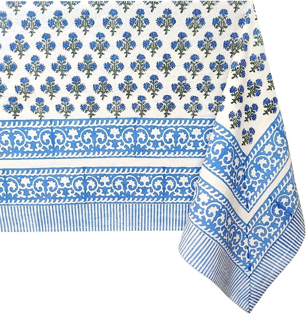 ATOSII Gulbahar White Blue 100% Cotton Tablecloth, Handblock Print Floral Rectangle Table Cloth f... | Amazon (US)