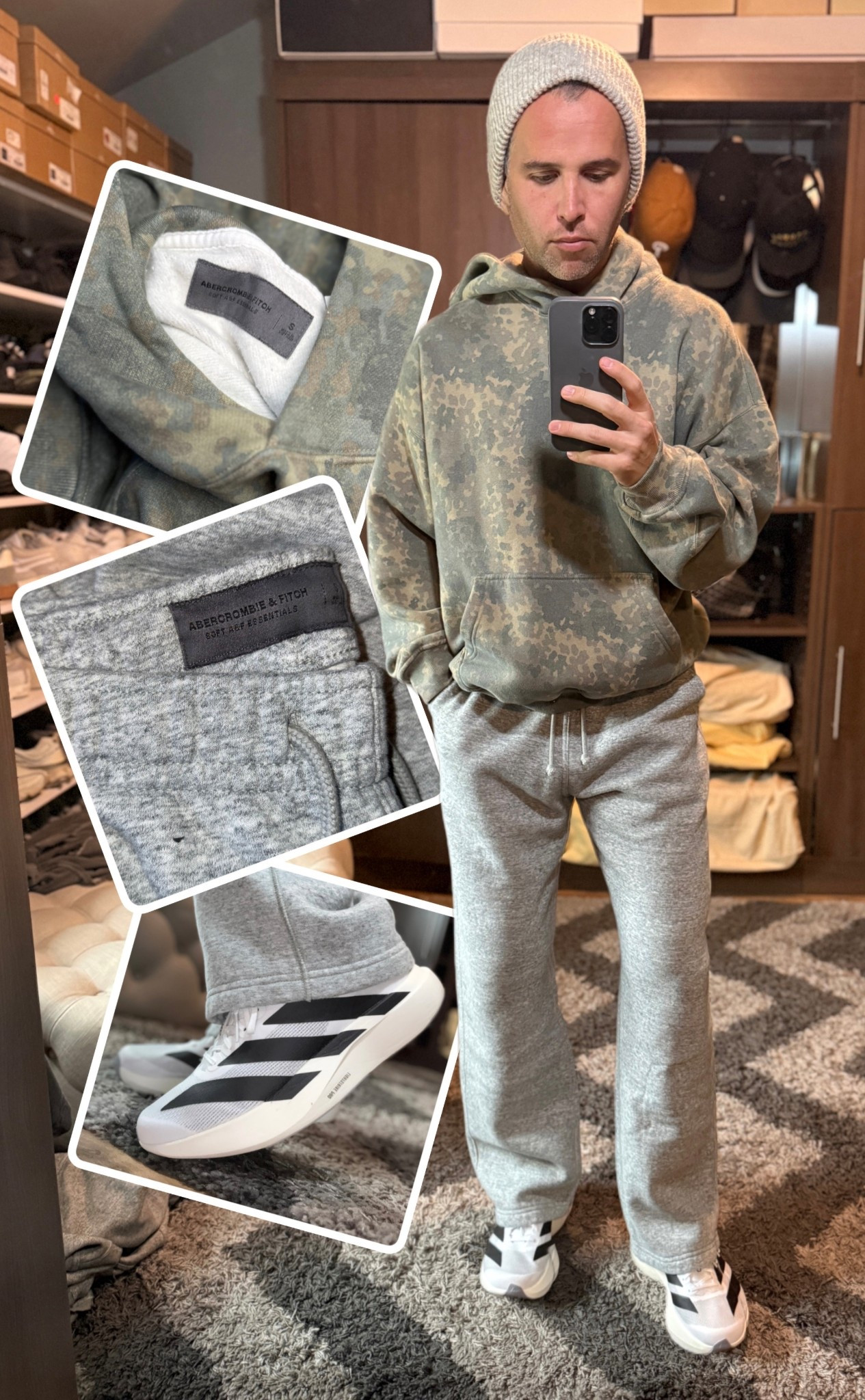 Abercrombie camo hoodie and softAF essentials open hem baggy sweats — one of my go-to cozy outfits lately. Paired with a neutral Abercrombie beanie and Adidas Evo sl sneakers for that laid-back weekend look.

#LTKGiftGuide #LTKMens #LTKStyleTip