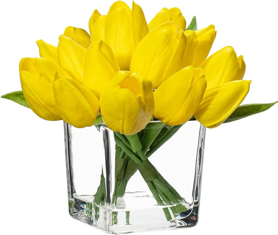 DILATATA Artificial Yellow Tulips in Vase with Faux Water 5.5" Real Touch Flowers Fake Tulips Sma... | Amazon (US)