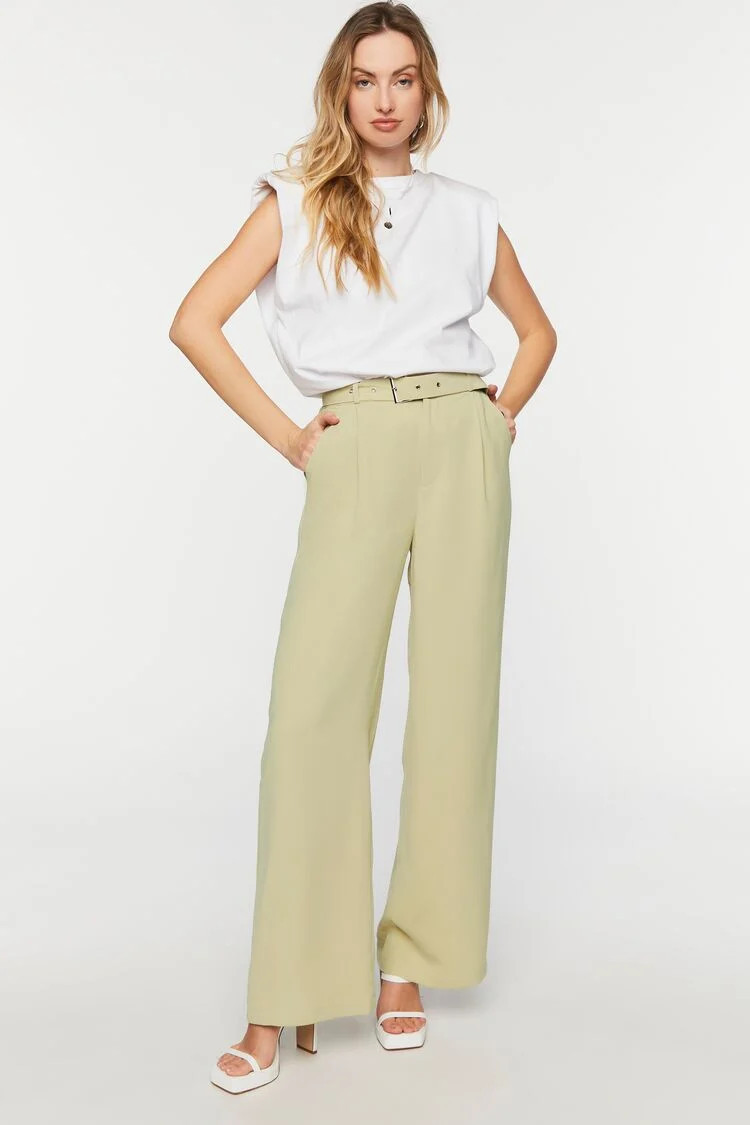 Women's Belted High-Rise Wide-Leg Trousers in Sage Medium | Forever 21 (US)
