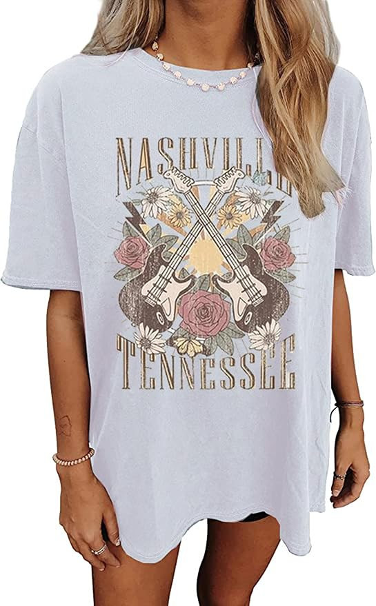 Nashville Music City T-Shirt Women Country Music Oversized Shirts Rock Band Tshirt Vintage Guitar... | Amazon (US)