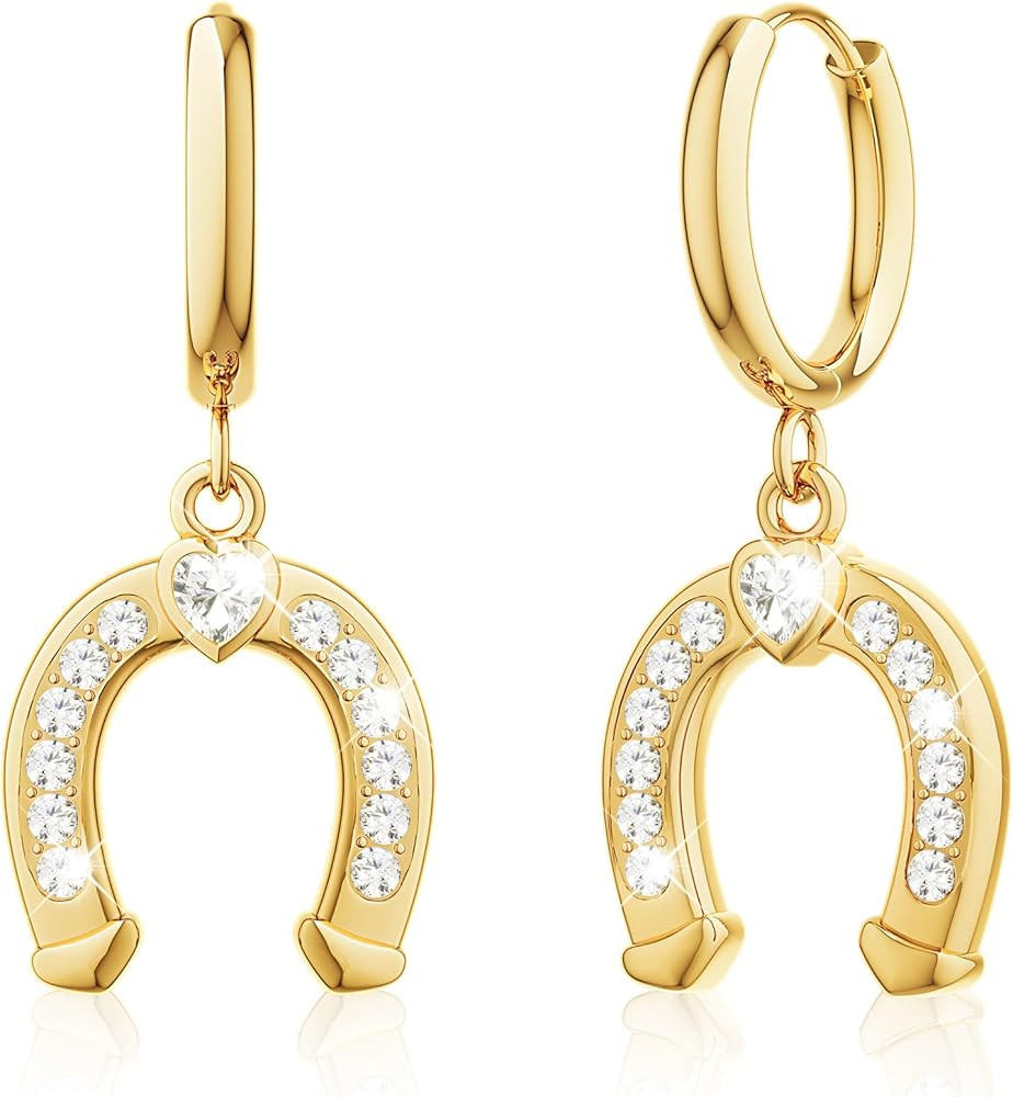 Gold Dangle Earrings for Women,Horseshoe Hoop Huggie Earrings with Heart Cubic Zirconia Hypoaller... | Amazon (US)