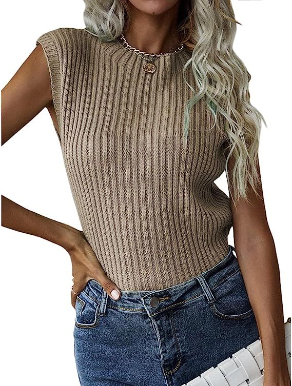 Yuebin Women's Sleeveless Crewneck Sweater Tank Top Summer Autumn Rib Knit Tank Top | Amazon (US)