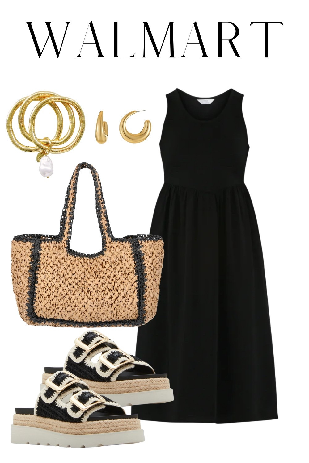 Walmart new arrivals, vacation outfit, summer dress, black dress, midi dress, straw bag, platform sandals, summer outfit 

#LTKStyleTip #LTKSeasonal #LTKFindsUnder50