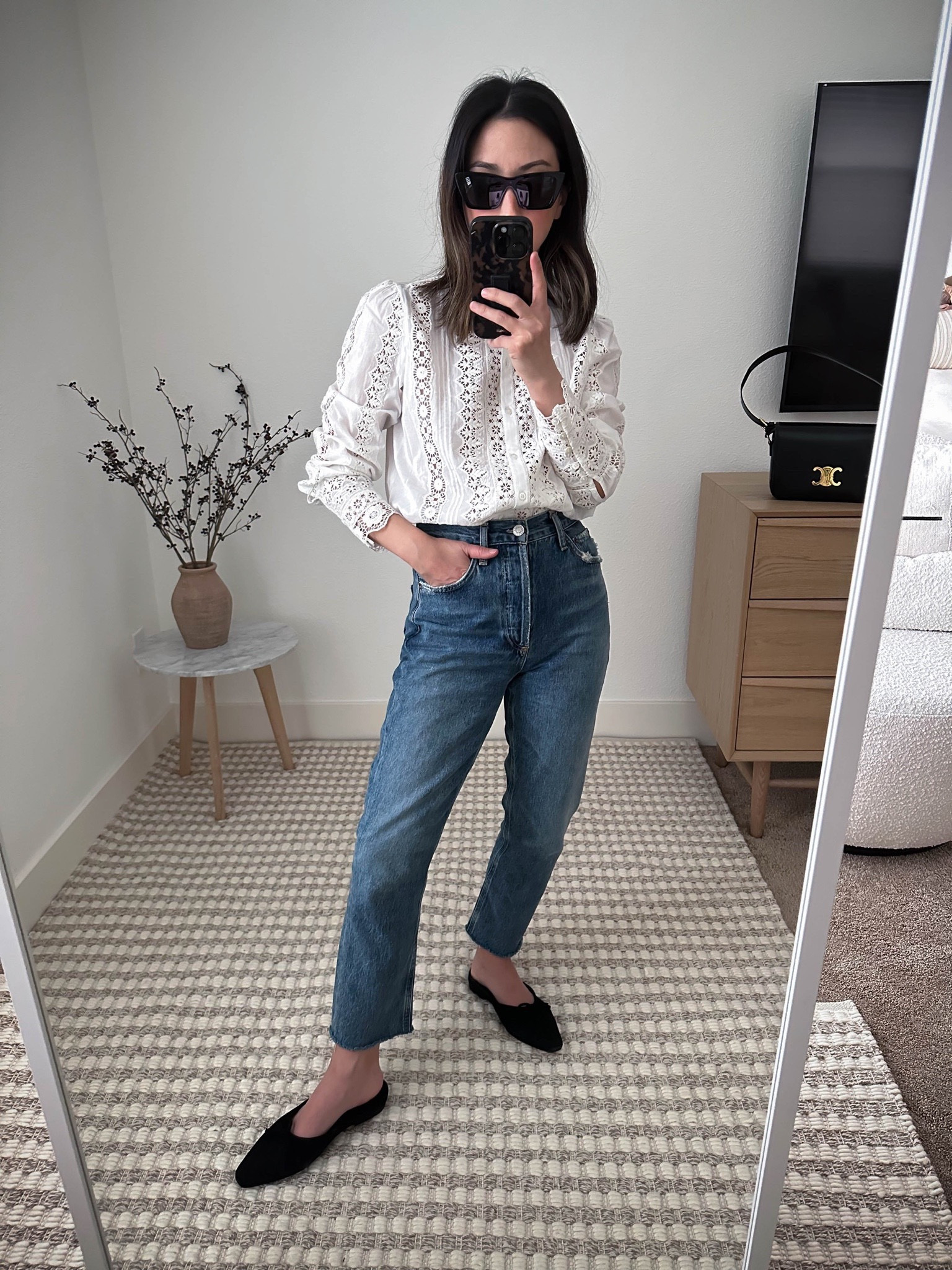 Sezane Rym shirt. Runs TTS. Stunning top that can be worn all year round. 

Top - Sezane xs
Jeans - AGOLDE 24
Mules - Staud 35
Sunglasses - YSL Mica

Sezane try-on, Sezane haul, petite style, black flats, dark wash jeans, embroidered tops

#LTKshoecrush #LTKunder100 #LTKstyletip