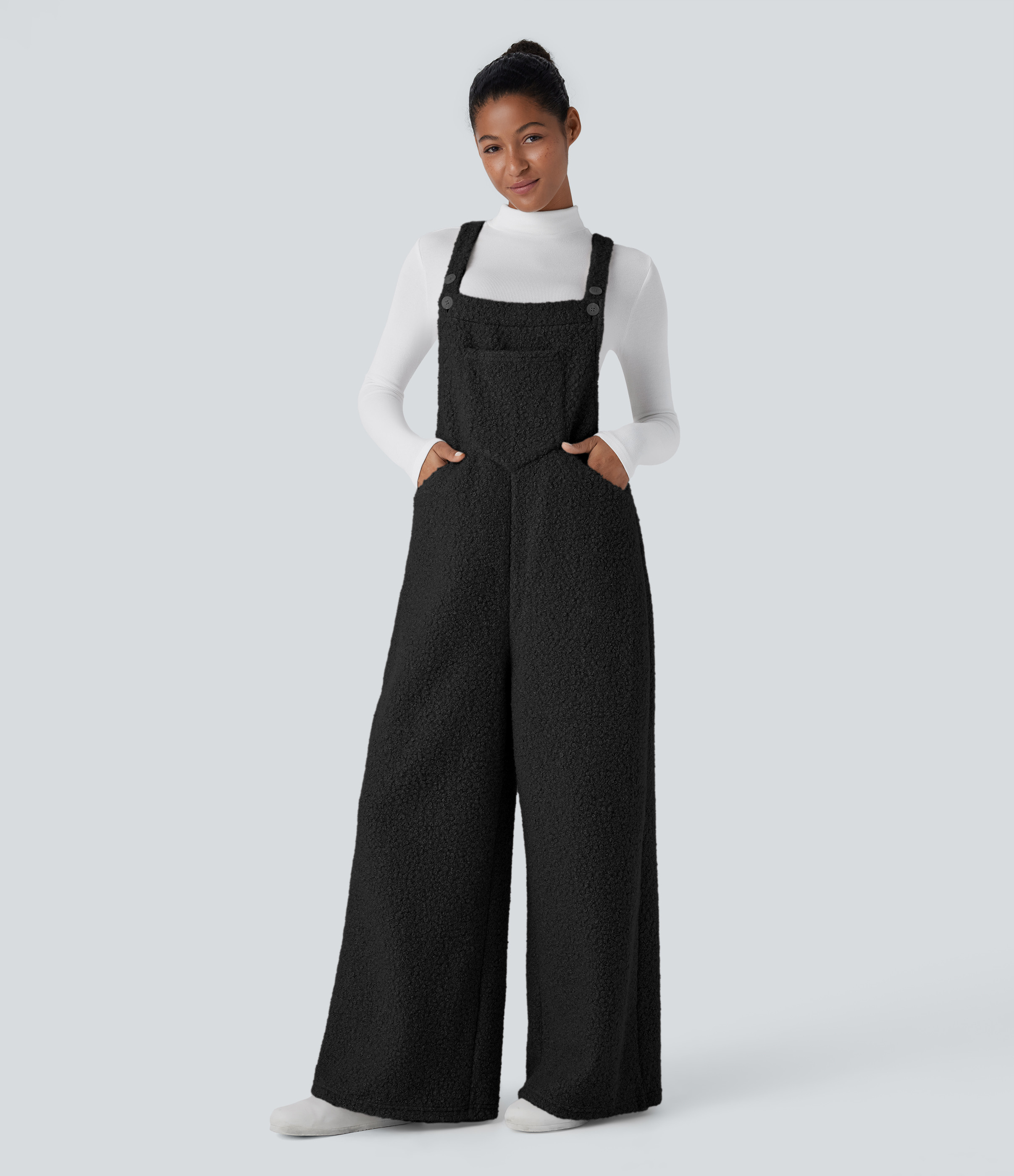 Halara Pockets Casual Teddy Overalls - Black - M(regular) | HALARA