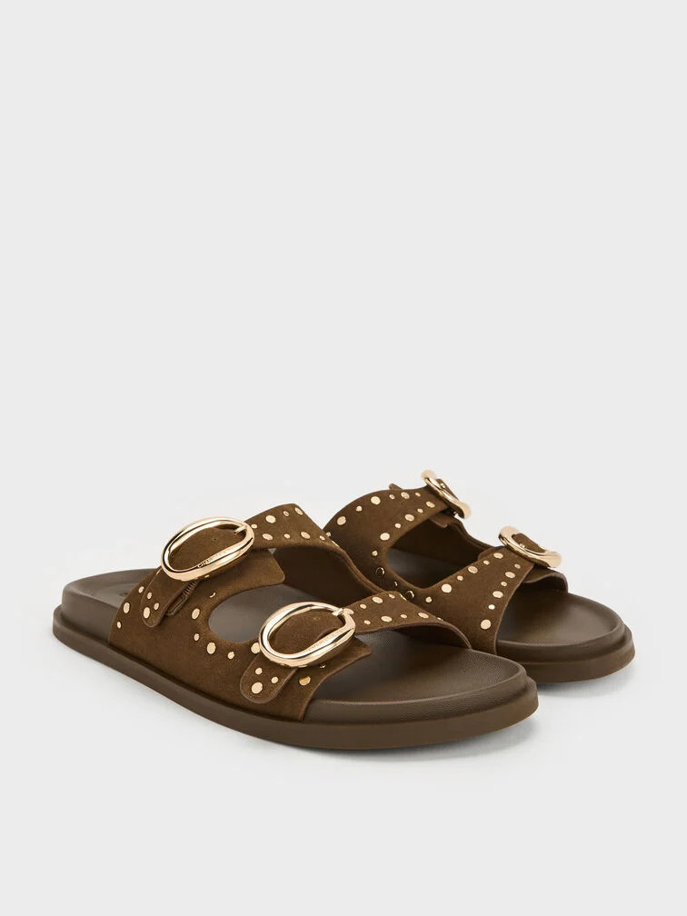 Studded Buckled Double-Strap Slides
    
         - Brown | Charles & Keith US