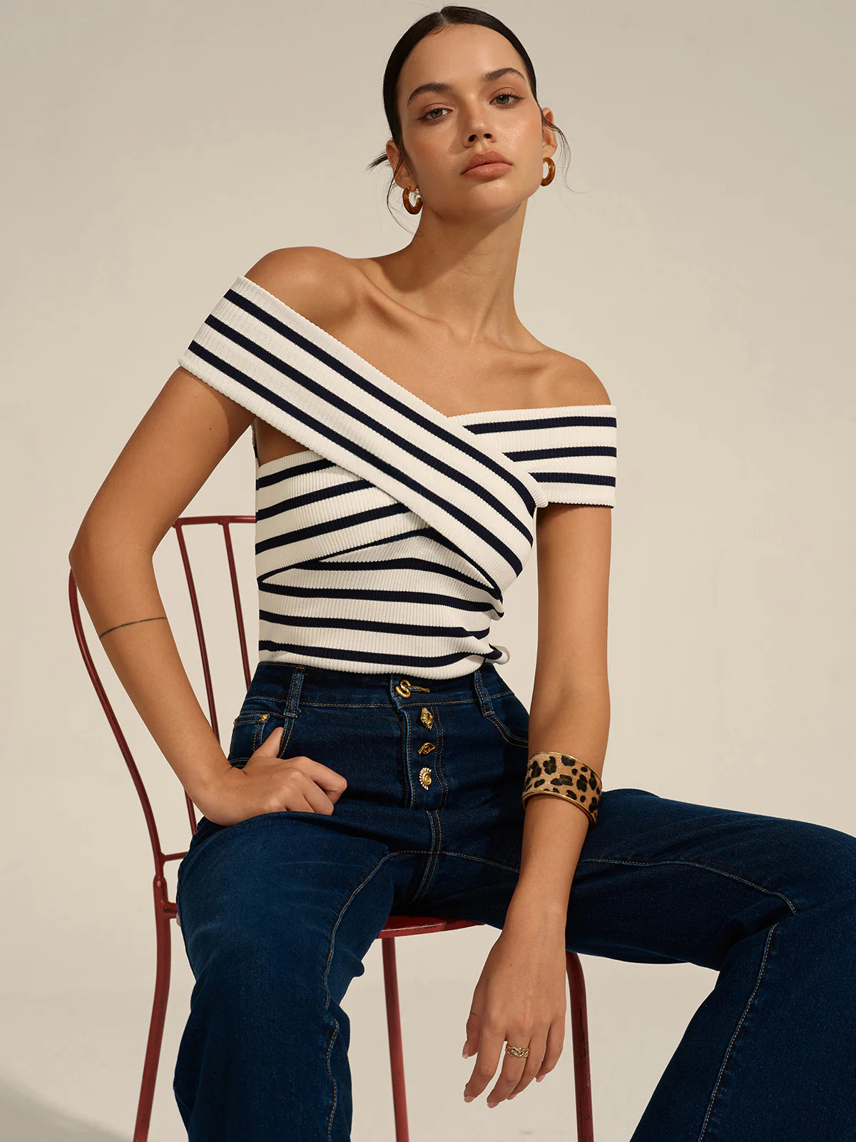 Striped Off-Shoulder Cross Knit Top | Commense