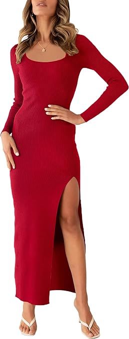 ANRABESS Women's Long Sleeve Square Neck Slit Bodycon Sweater Dress Ribbed Knit Slim Fit Maxi Lon... | Amazon (US)