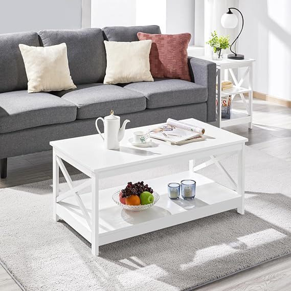 Yaheetech Wood 2-Tier White Coffee Table with Storage Shelf for Living Room, X Design Accent Cock... | Amazon (US)