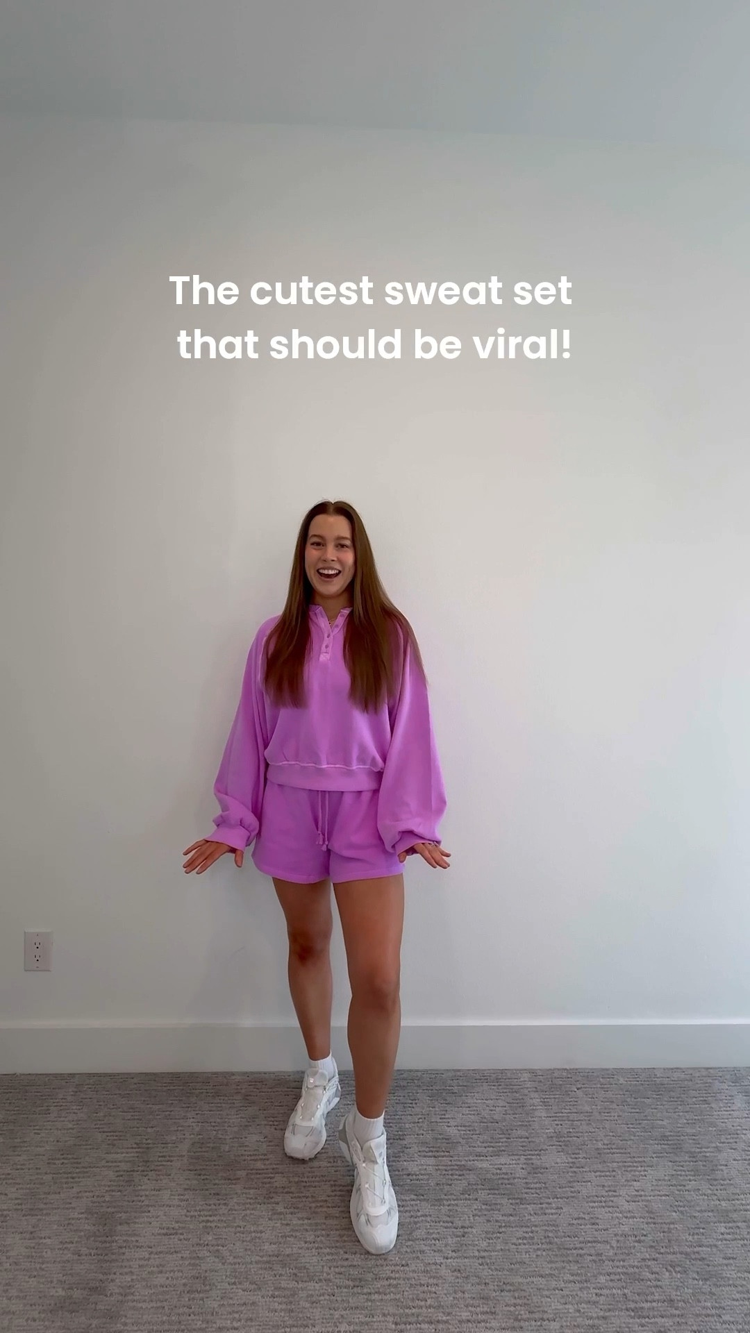 The cutest sweatset that should be viral! Wearing size large in the top and small in the bottoms. 
I am 5’5” 140 lbs 
93% cotton breathable terry cloth material💜
Shoes are tts and so comfy!

#LTKSeasonal #LTKgrwm #LTKootd