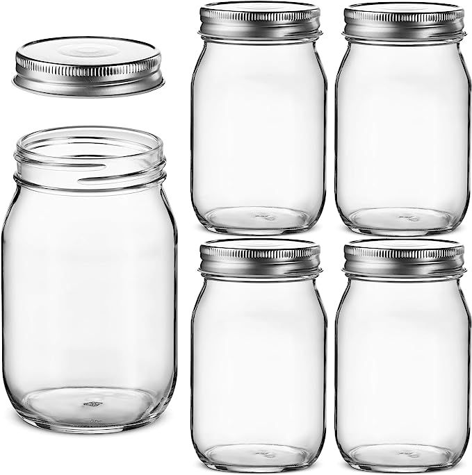 Glass Regular Mouth Mason Jars, 16 Ounce Glass Jars with Silver Metal Airtight Lids for Meal Prep... | Amazon (US)