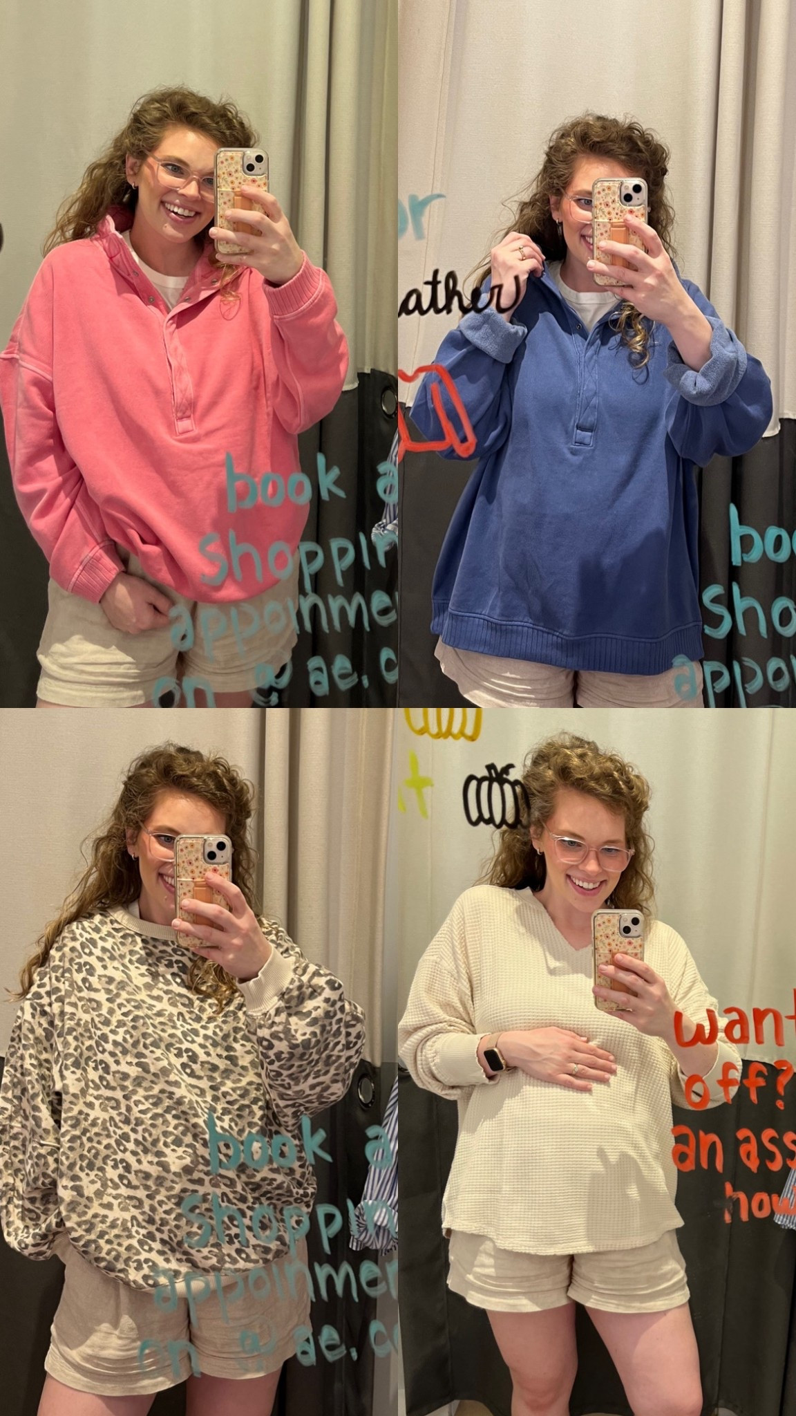 The “oh snap” sweatshirts are SO cute with the collar! 

And then the cheetah print was super cute and this style came in a bunch of different colors! 

Of course imma sucker for anything waffle… so the waffle shirt in the bottom right was a must try on 😍

Size medium in everything! 
