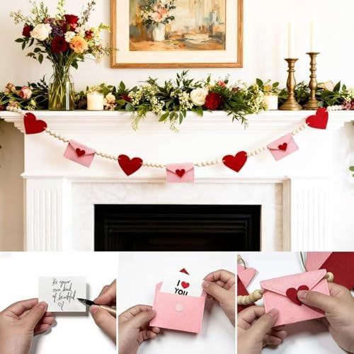 Valentines Day Decorations, Felt Heart and Envelope Garland with Wooden Beads, Valentines Day Gar... | Amazon (US)