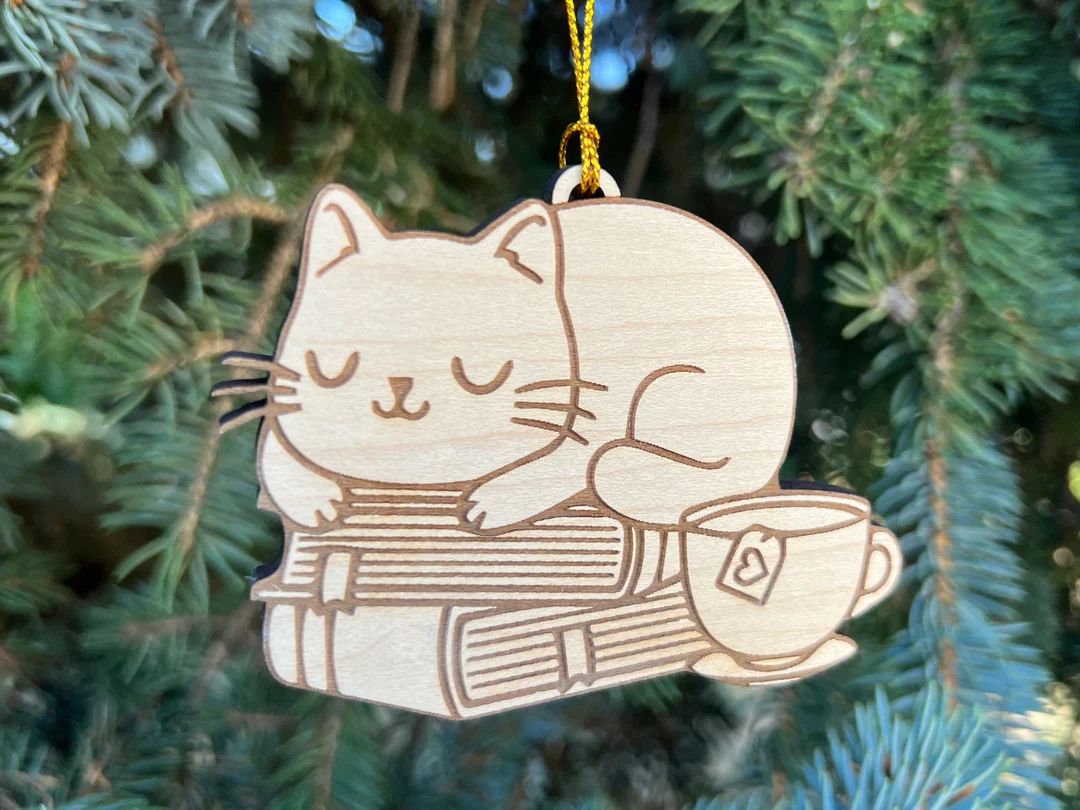 Books & Cat Ornament, Cat Lovers Gift, Book Lovers Gift Tag, Cat Christmas Ornament, Ornament for... | Etsy (US)