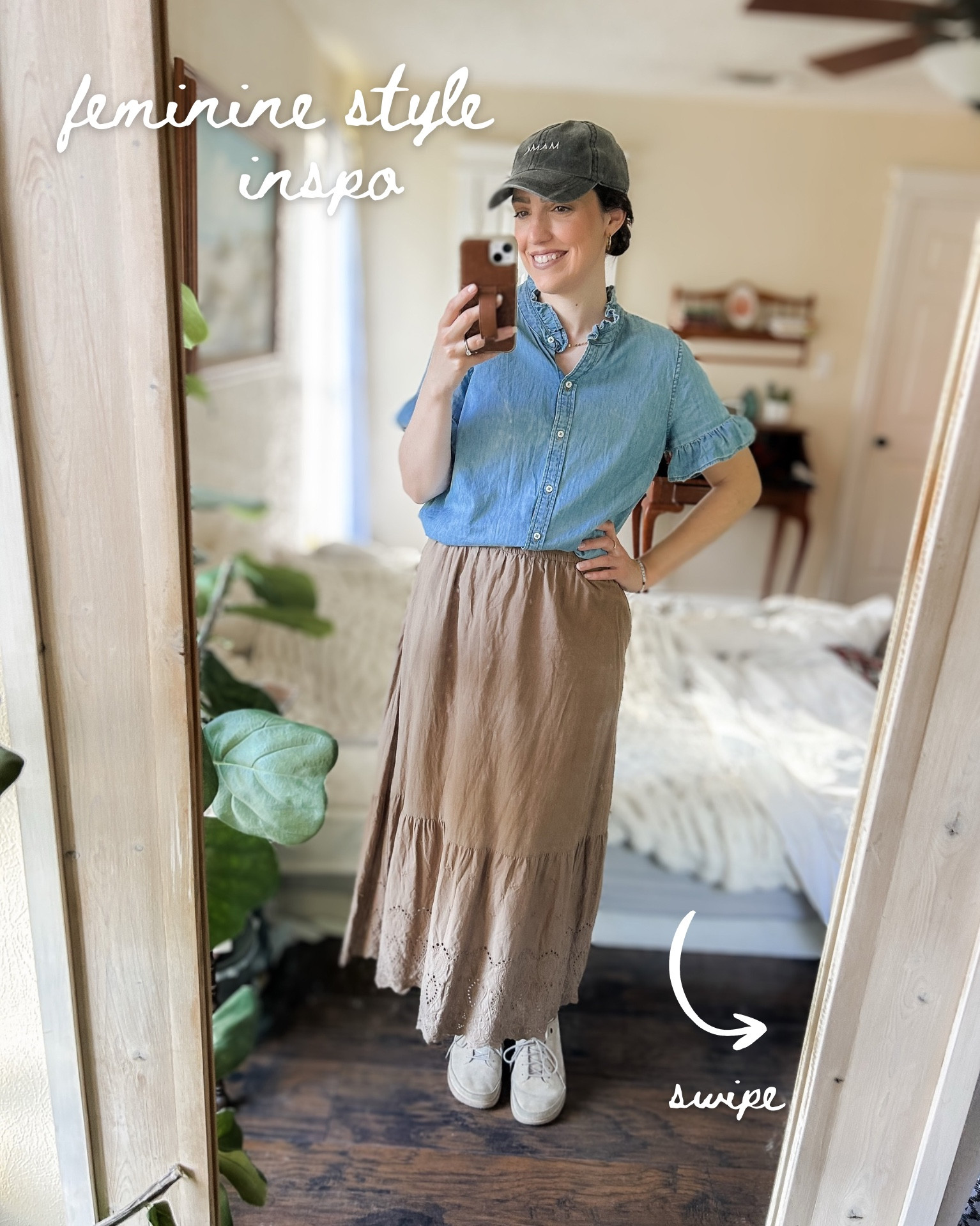 Feminine style, modest outfits, brown maxi skirt, eyelet skirt, ruffle blouse, chambray blouse, Birkenstock sneakers, mama hat

#LTKFindsUnder100 #LTKdayinmylife #LTKootd