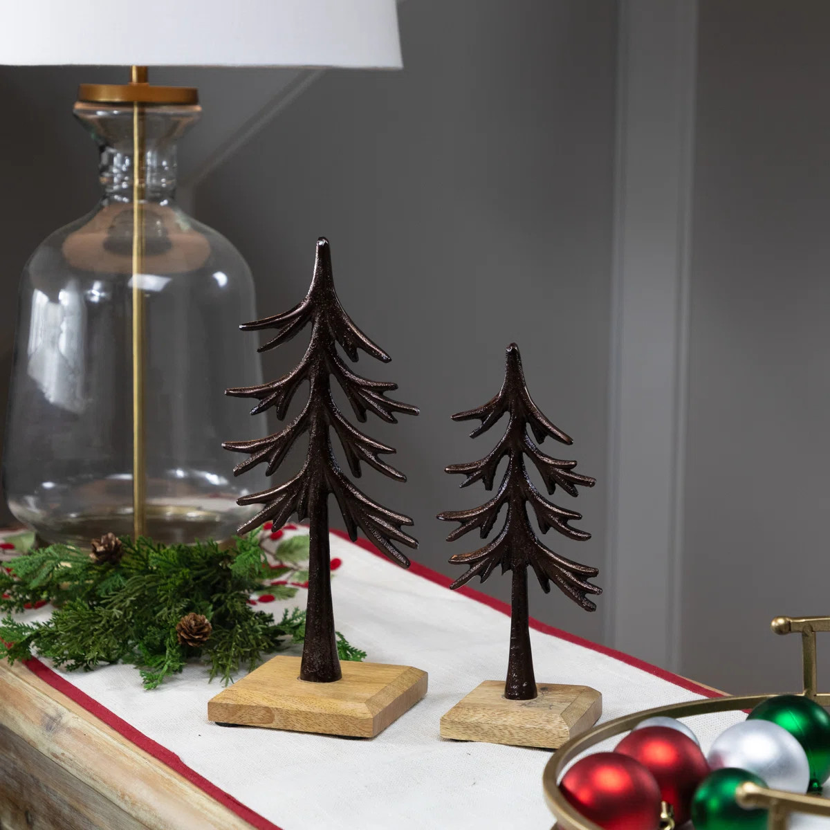 Trees On Wood Base Metal Christmas Decorations - 11.5" - Set Of 2 | Wayfair North America