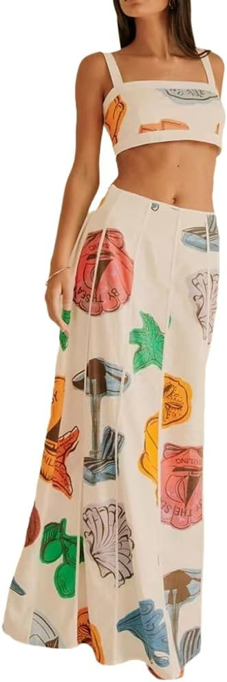 THLAI Women Casual Vacation Outfits 2 Piece Skirt Sets Print Crop Top and Pleated Maxi Skirt Set ... | Amazon (US)